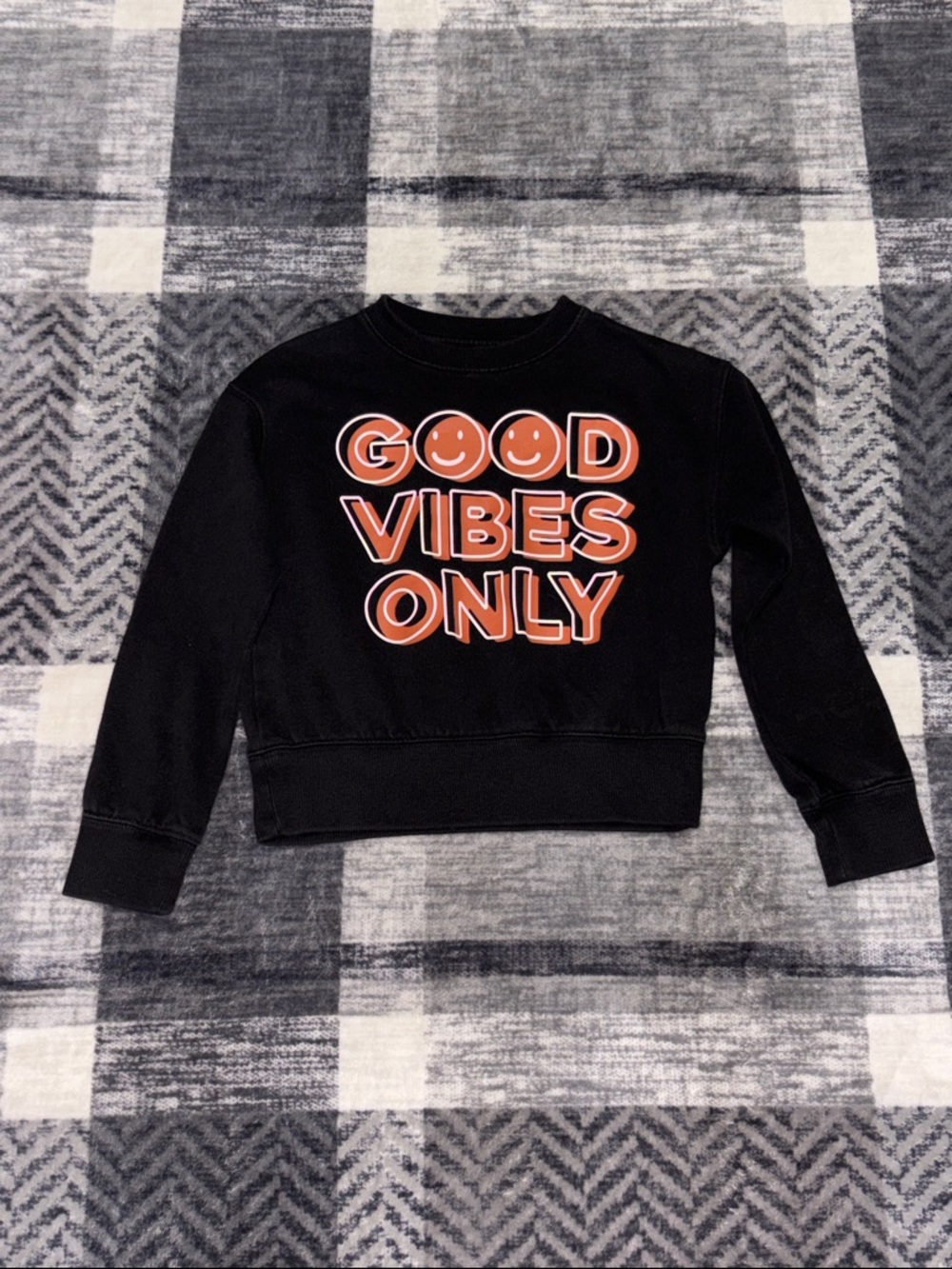 🦋wonder nation Black Sweatshirt with Orange 'Good Vibes Only' Graphic